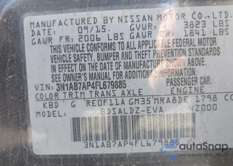 2015 Nissan Sentra Sv из США, поврежденный, VIN 3N1AB7AP4FL679885